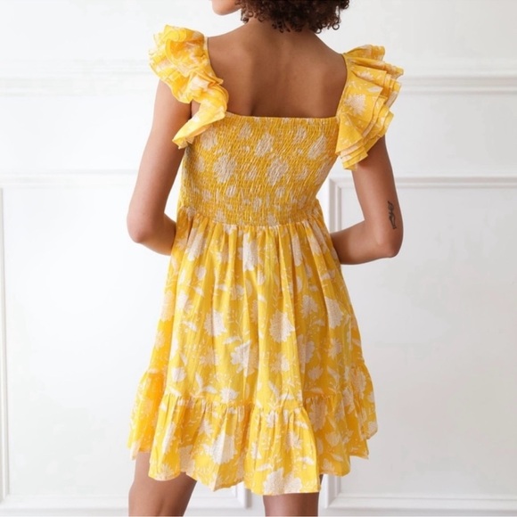 MILLE Bea Yellow and white Ruffle Sleeve Smocked Bodice Mini Dress Women’s Small - Picture 2 of 11